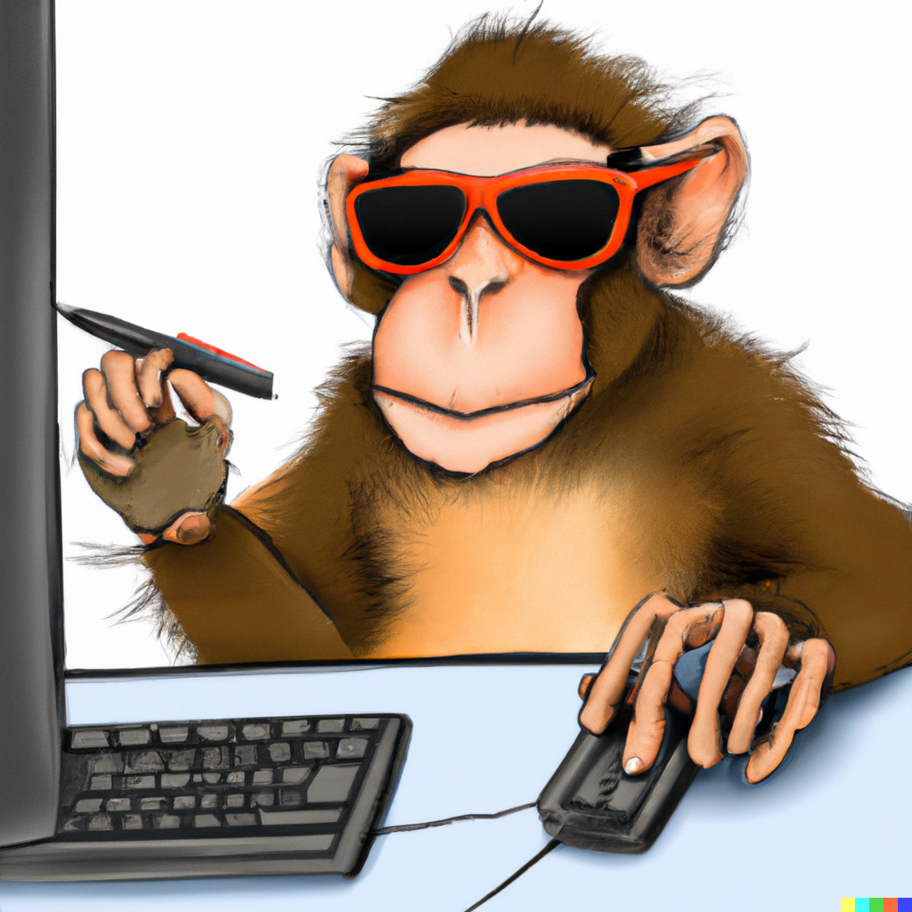 Logo for the website. A monkey wearing sunglasses, looking at two computer monitors, which are both placed side-by-side on a table. He is holding the computer mouse in one hand, and a pen his other hand. The hand is placed next to a notebook.